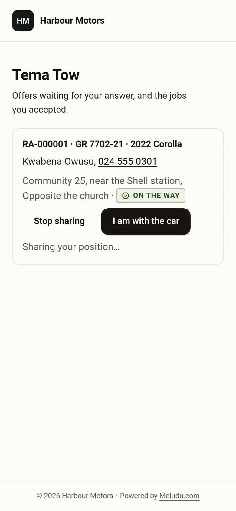A tow partner's phone showing the job they accepted, the caller's number, and their position being shared